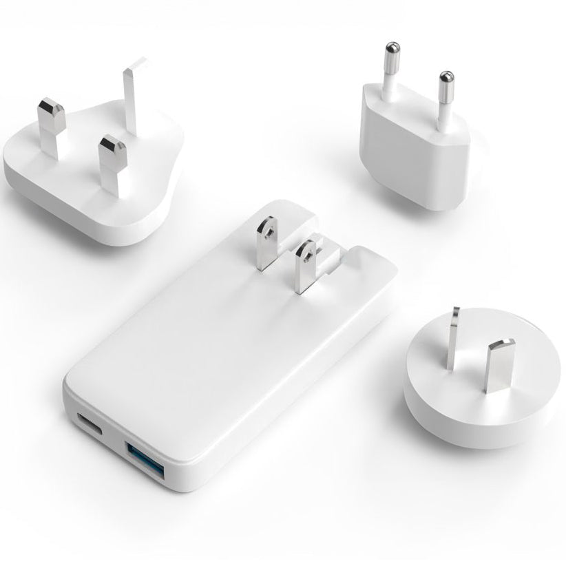 Ladegerät mit austauschbaren Spitzen Fixed Slim Traveller 65W USB-A USB-C PD 3.0 GaN, EU, USA, UK, AUS, Weiß
