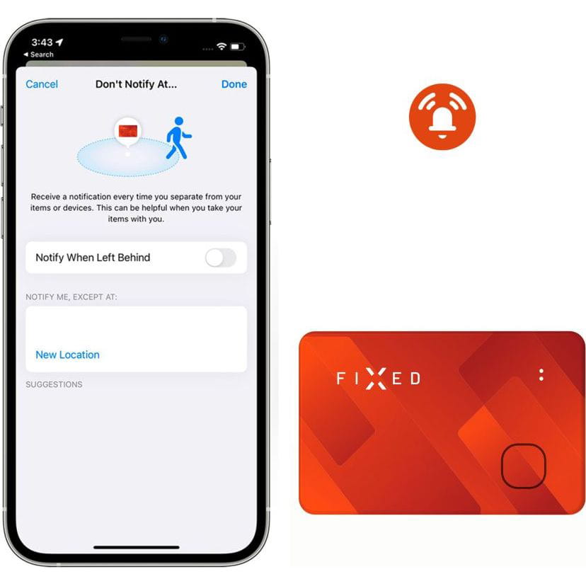 FIXED Tag Card Orange, Smart Tracker mit Bluetooth und Apple Find My, neben Smartphone-App-Anzeige zur Sicherheit Ihrer Gegenstände.