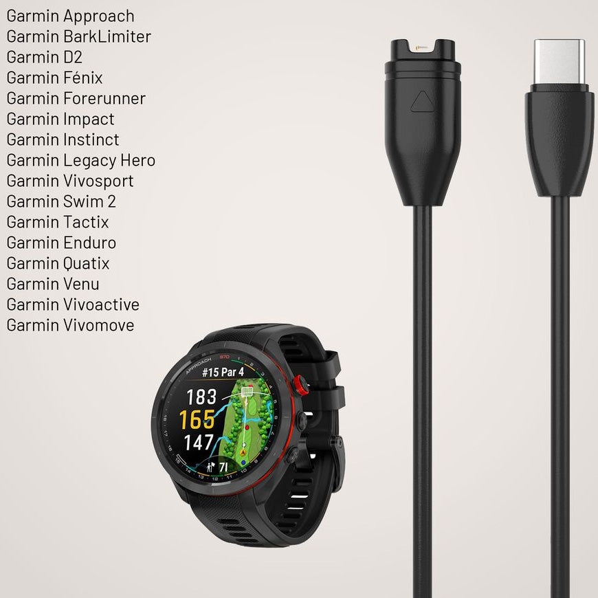 Kabel USB-C für Garmin Smartwatches, Fixed USB-C Charging Cable, 2 m, Schwarz