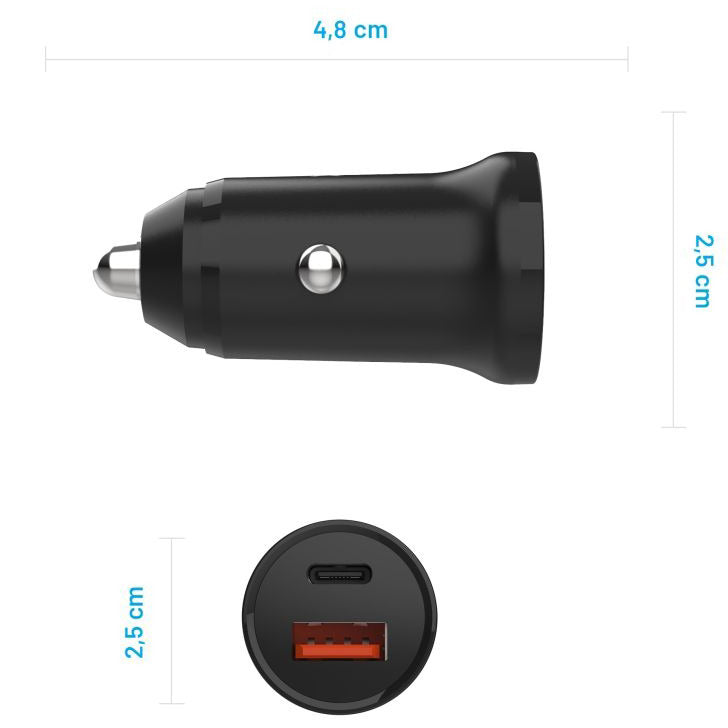 Autoladegerät mit USB-C PD und USB-A, 20W, Fixed Car Charger, Schwarz