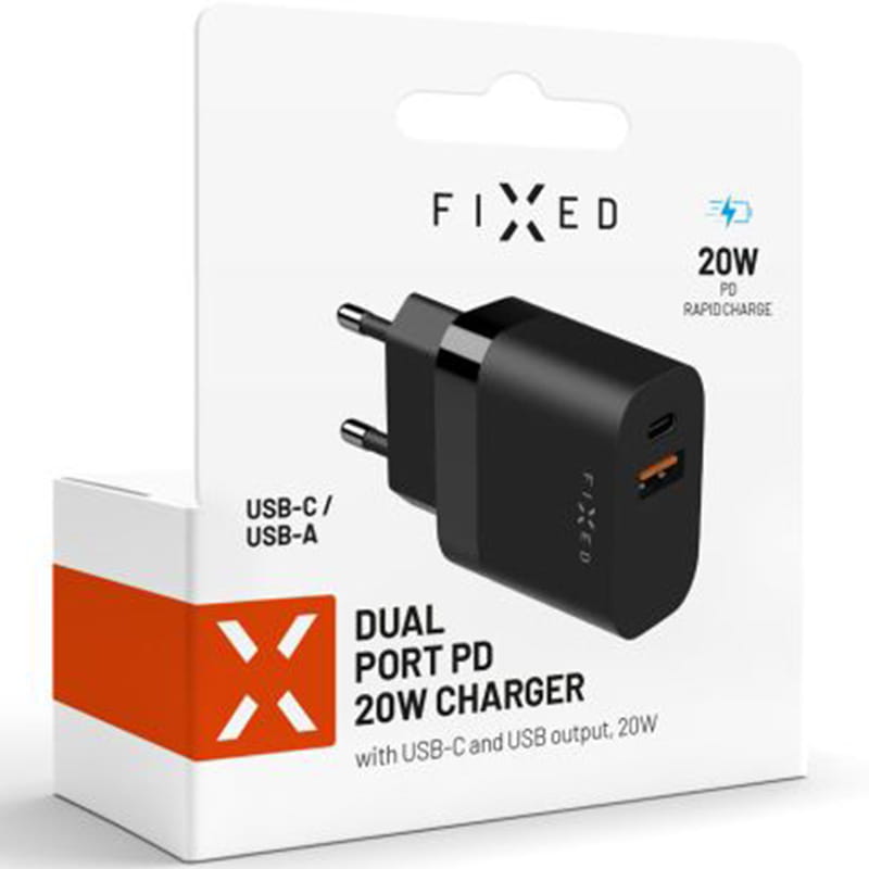 Ladegerät Fixed Travel Charger 20W USB-C/USB-A, schwarz, kompakt, universell für Smartphones, Tablets und MagSafe-Zubehör.