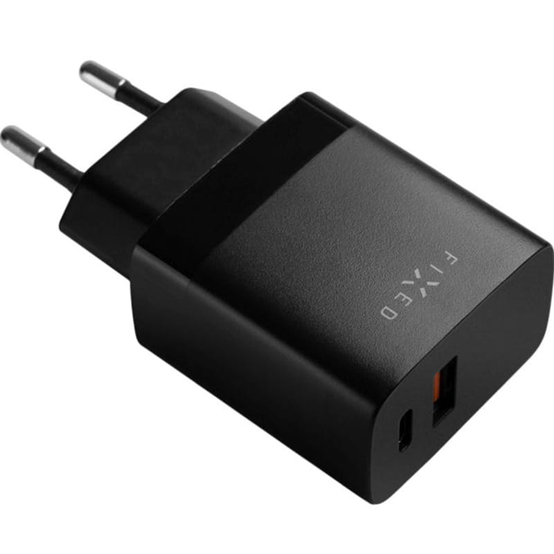 Ladegerät Fixed Travel Charger 20W, USB-C/USB-A, schwarz für Smartphones und Tablets, kompakt, ideal für unterwegs.