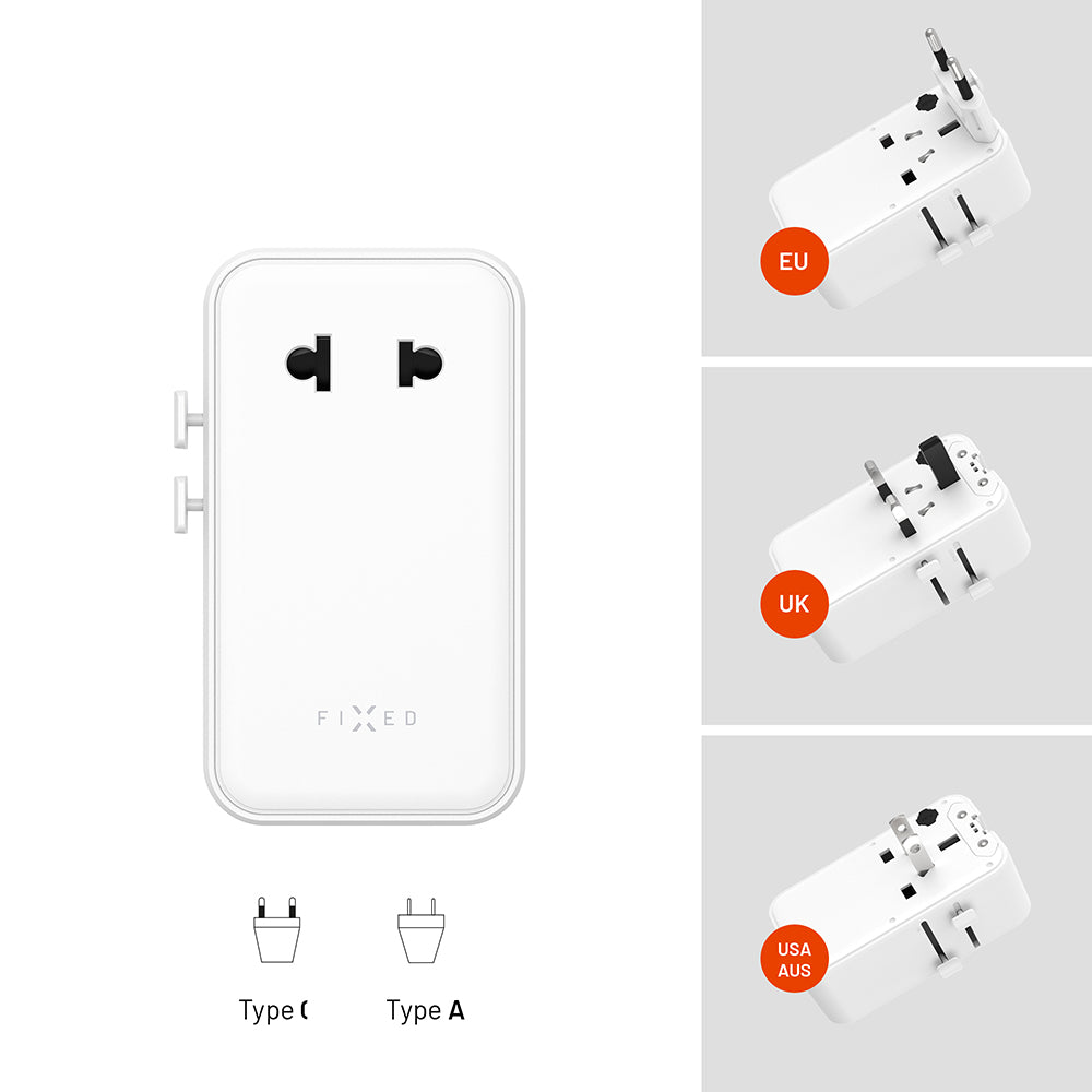 Netzladegerät mit GaN, USB-C und USB-A, 45W, Fixed Voyager Slim, EU / UK / USA / AUS, Weiß