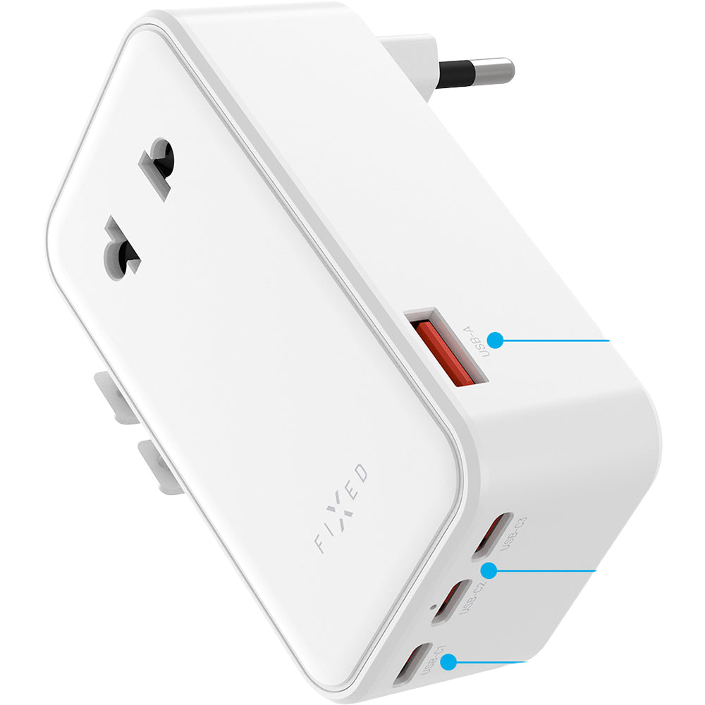 Netzladegerät mit GaN, USB-C und USB-A, 45W, Fixed Voyager Slim, EU / UK / USA / AUS, Weiß