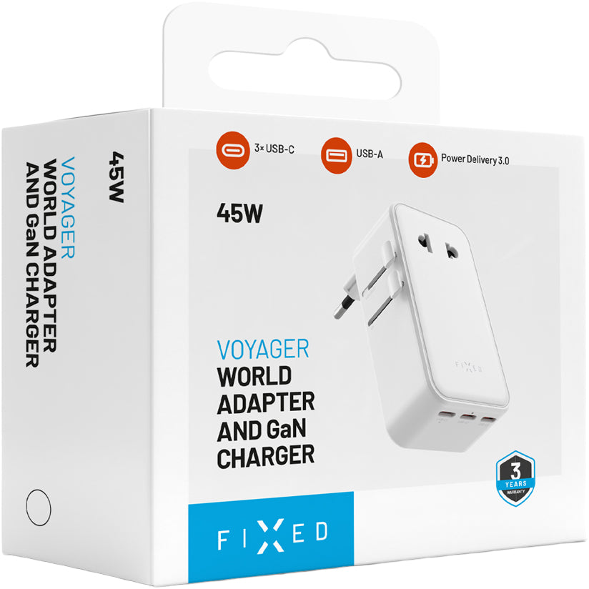 Netzladegerät mit GaN, USB-C und USB-A, 45W, Fixed Voyager Slim, EU / UK / USA / AUS, Weiß