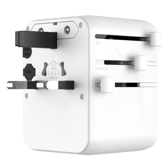 Reiseadapter / Steckeradapter Fixed Voyager 70 W für EU, UK, USA, AUS, 3x USB-C und 2x USB-A, GaN, PD 3.0, Weiß