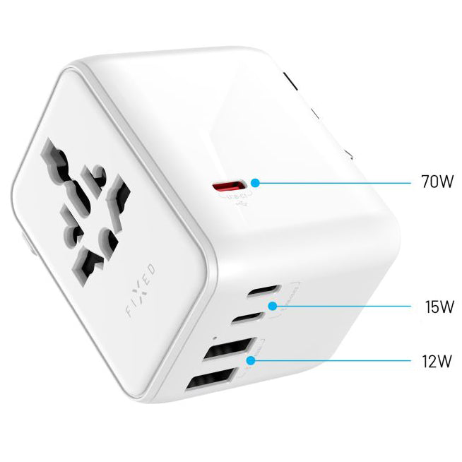 Reiseadapter / Steckeradapter Fixed Voyager 70 W für EU, UK, USA, AUS, 3x USB-C und 2x USB-A, GaN, PD 3.0, Weiß