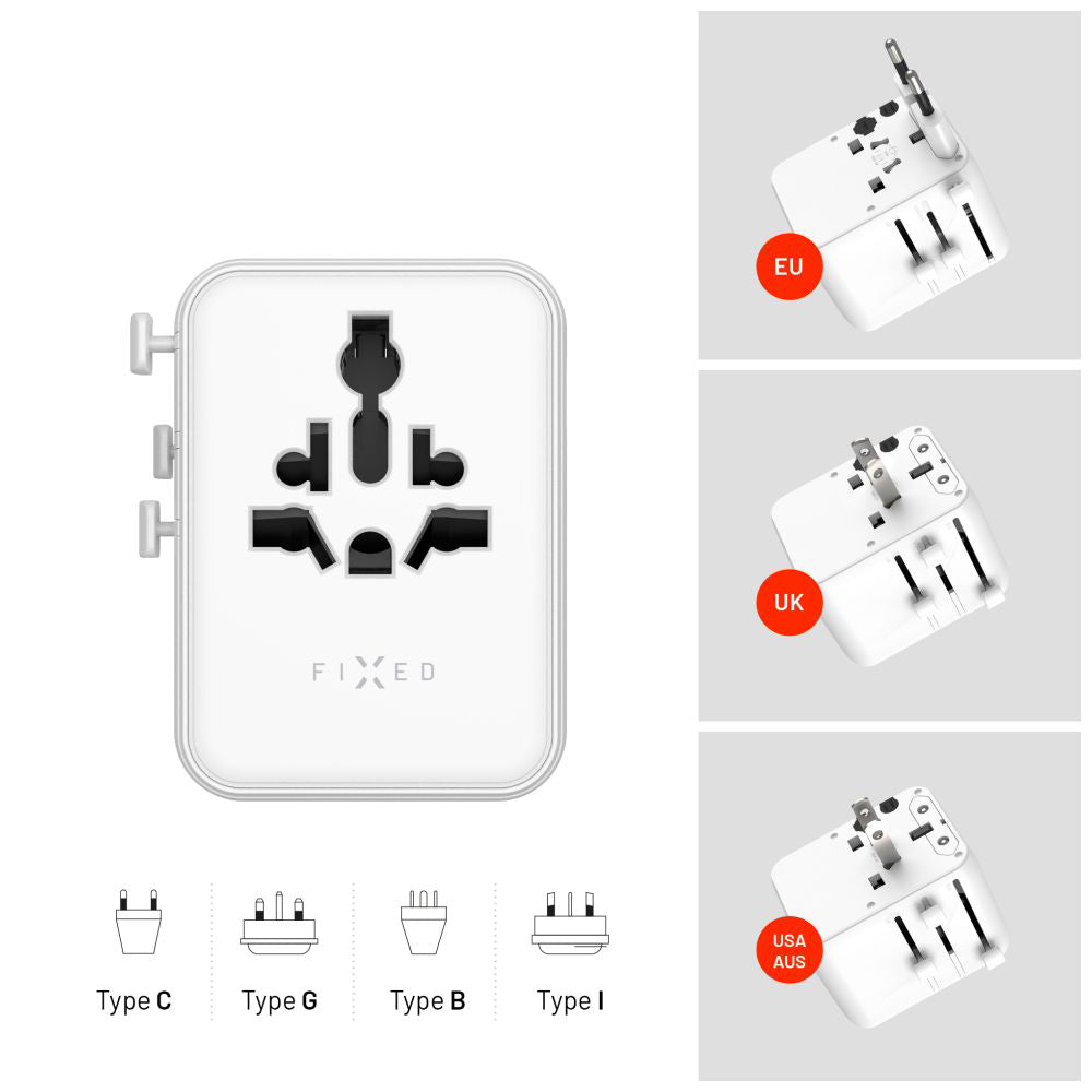 Reiseadapter / Steckeradapter Fixed Voyager 70 W für EU, UK, USA, AUS, 3x USB-C und 2x USB-A, GaN, PD 3.0, Weiß