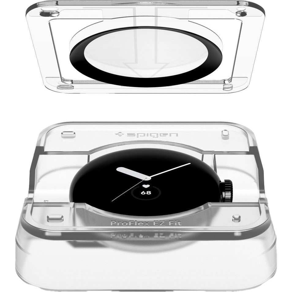 Hybridglas Spigen Film ProFlex EZ Fit für Google Pixel Watch, schwarzer Rahmen