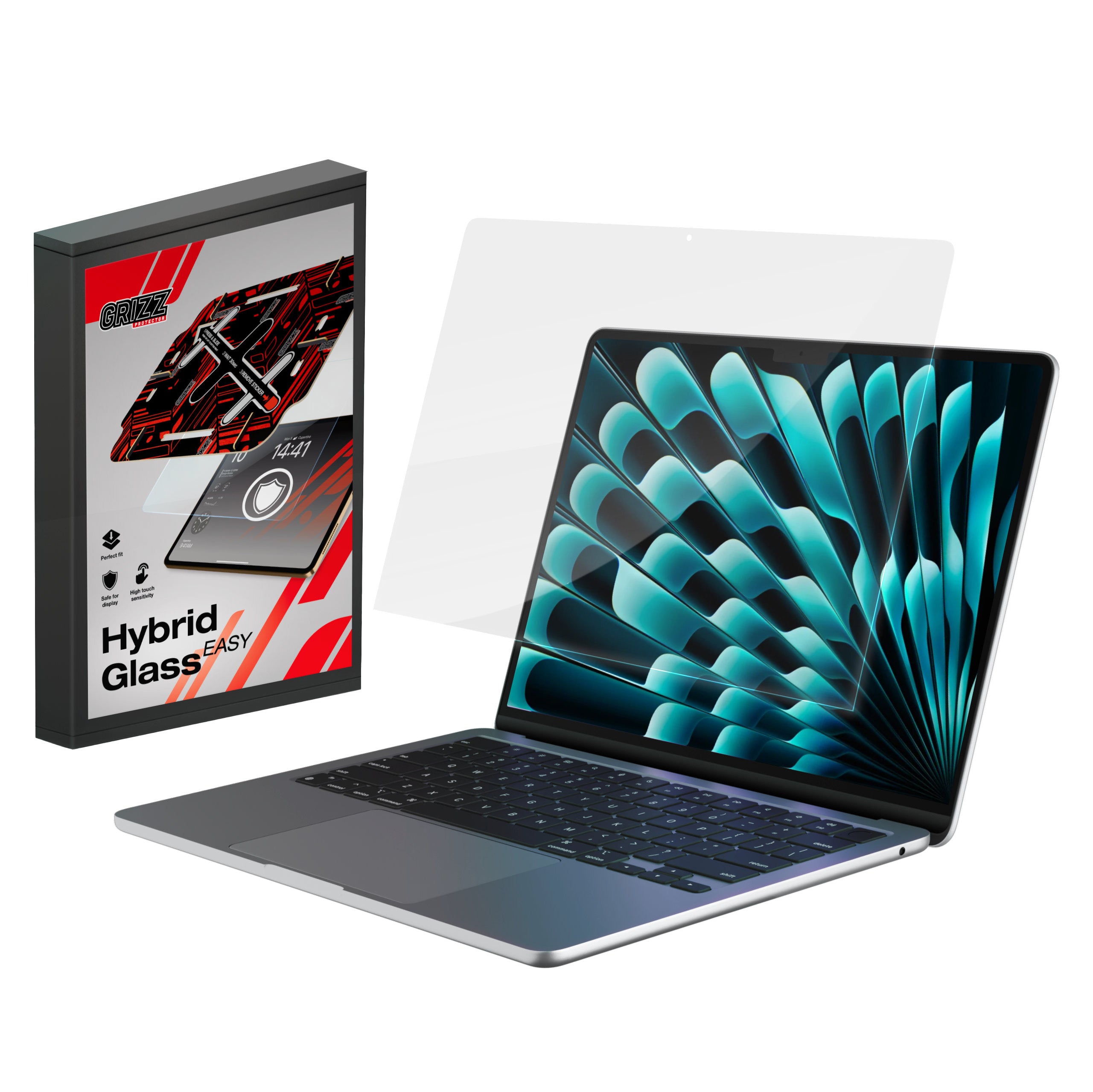 Bildschirmglas für MacBook Air 13" M5 2026, Grizz HybridGlass Easy mit App-Rahmen