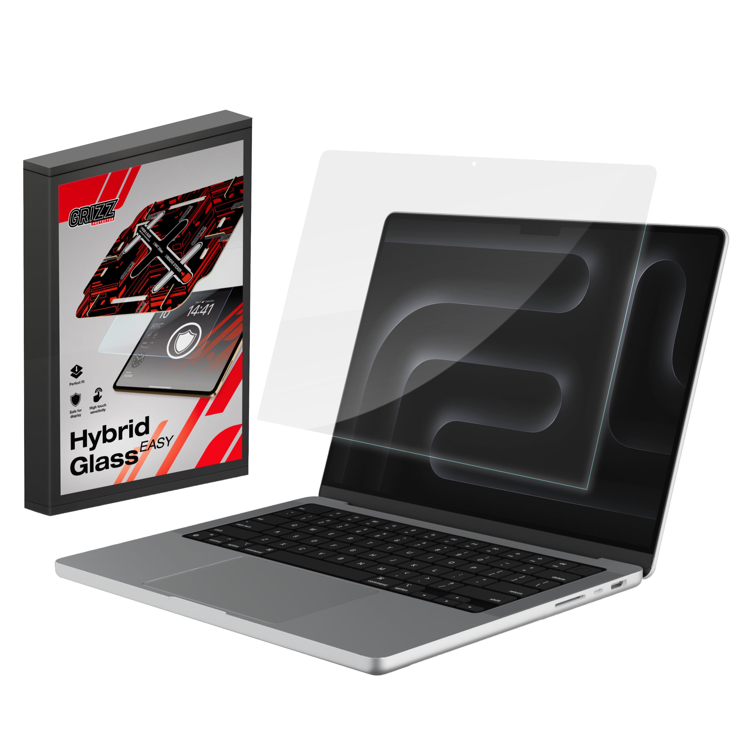 Bildschirmglas für MacBook Pro 14" M5 Max 2026, Grizz HybridGlass Easy mit App-Rahmen