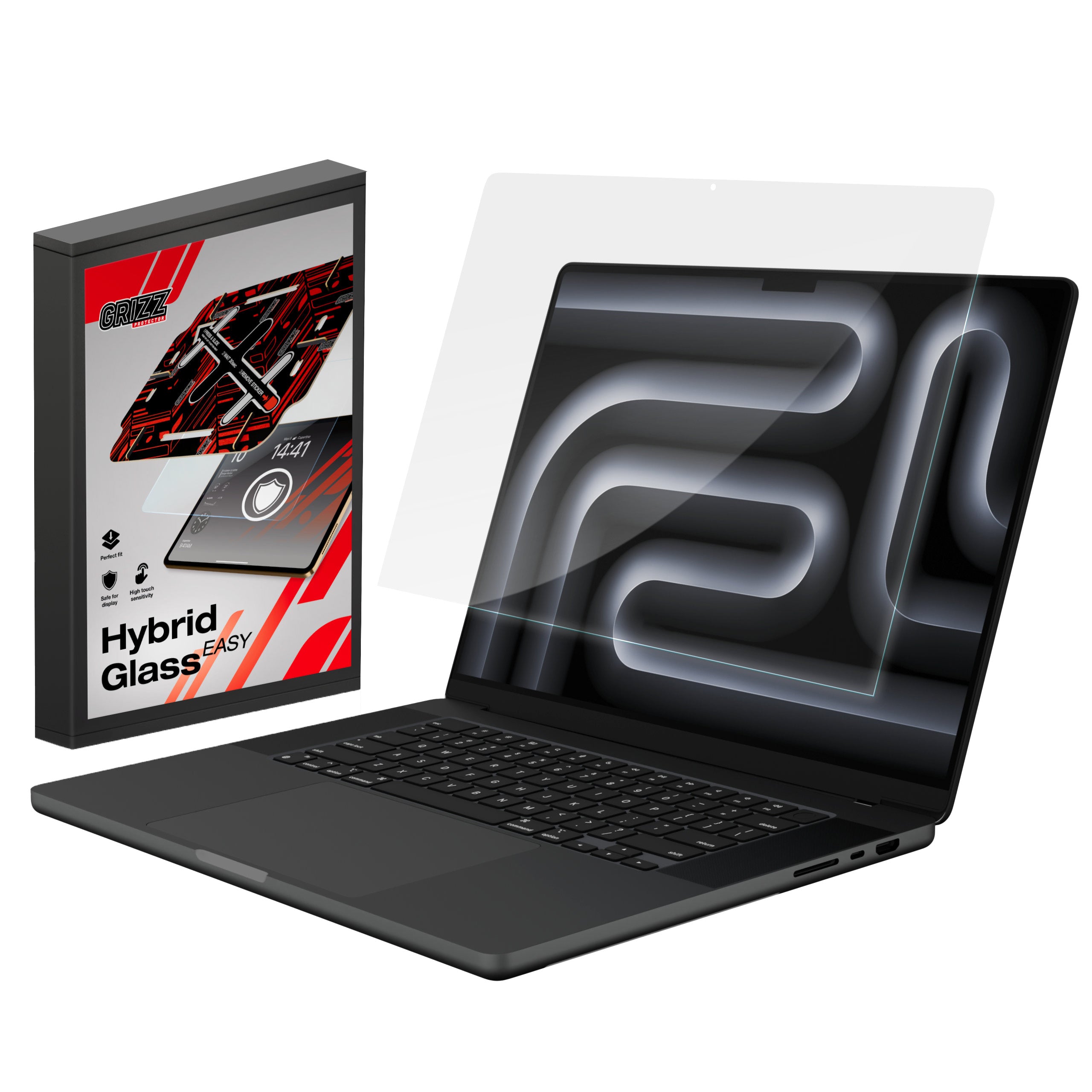 Bildschirmglas für MacBook Pro 16" M5 Pro 2026, Grizz HybridGlass Easy mit App-Rahmen