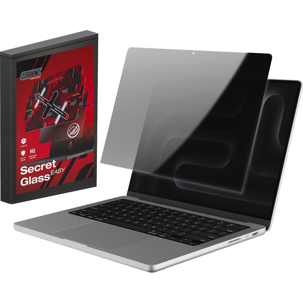 Hybrides Sichtschutzglas für MacBook Pro 14" M5 Max 2026, Grizz SecretGlass Easy mit Applikator, Matt