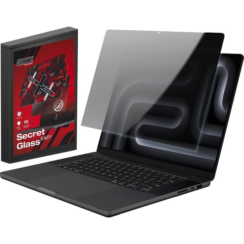 Hybrides Sichtschutzglas für MacBook Pro 16" M5 Pro 2026, Grizz SecretGlass Easy mit Applikator, Matt