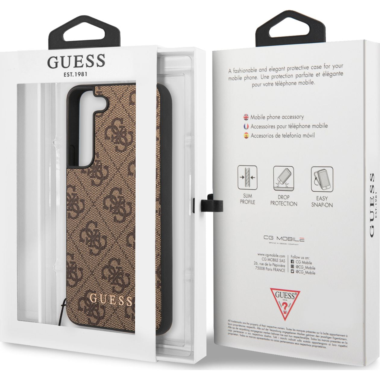 Schutzhülle für Galaxy S23, Guess 4G Charms Collection, Braun