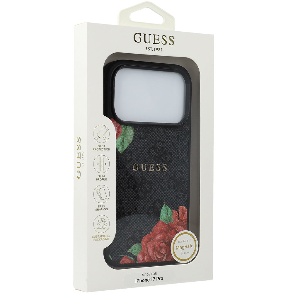 Handyhülle für iPhone 17 Pro, Guess Hardcase 4G Flowers Print mit MagSafe, Schwarz mit floralem Muster