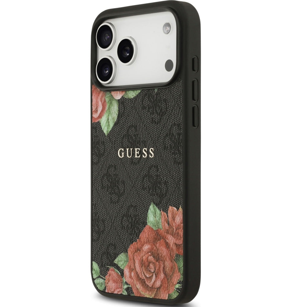 Handyhülle für iPhone 17 Pro, Guess Hardcase 4G Flowers Print mit MagSafe, Schwarz mit floralem Muster