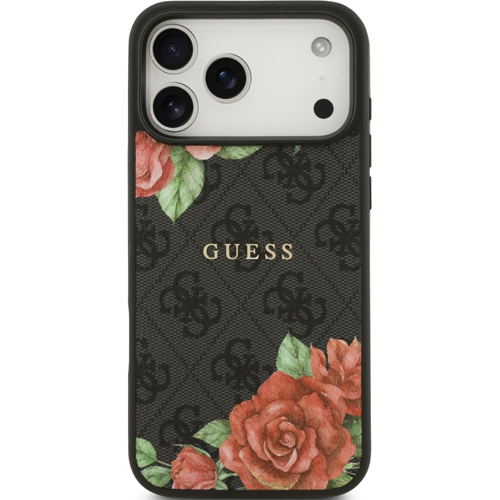 Handyhülle für iPhone 17 Pro, Guess Hardcase 4G Flowers Print mit MagSafe, Schwarz mit floralem Muster