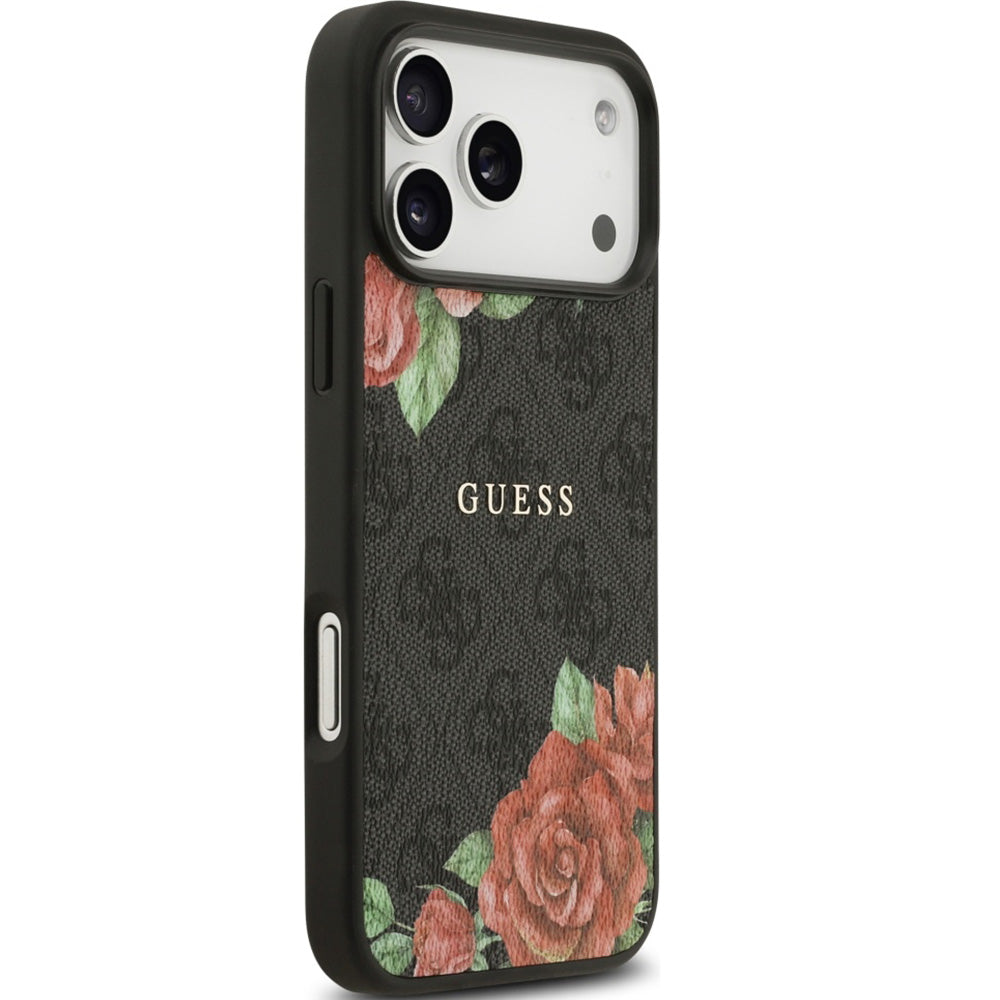 Handyhülle für iPhone 17 Pro, Guess Hardcase 4G Flowers Print mit MagSafe, Schwarz mit floralem Muster