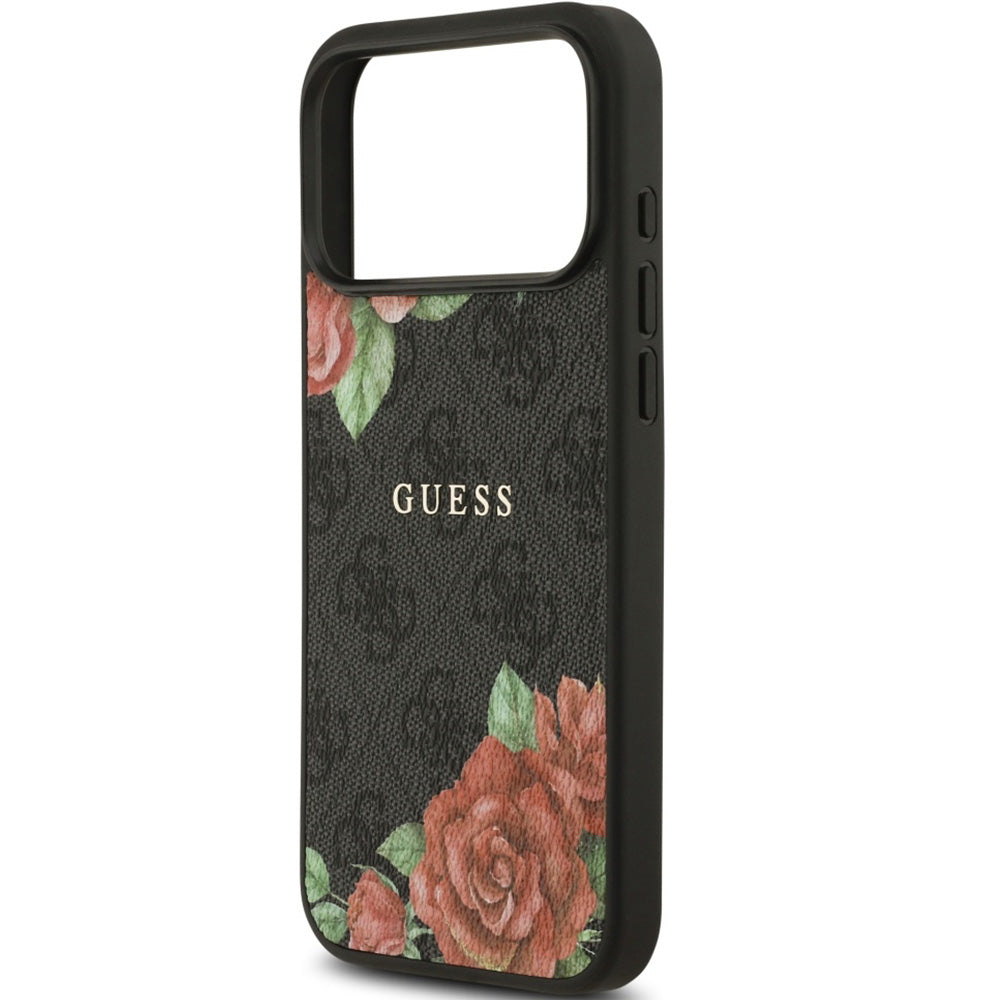 Handyhülle für iPhone 17 Pro, Guess Hardcase 4G Flowers Print mit MagSafe, Schwarz mit floralem Muster