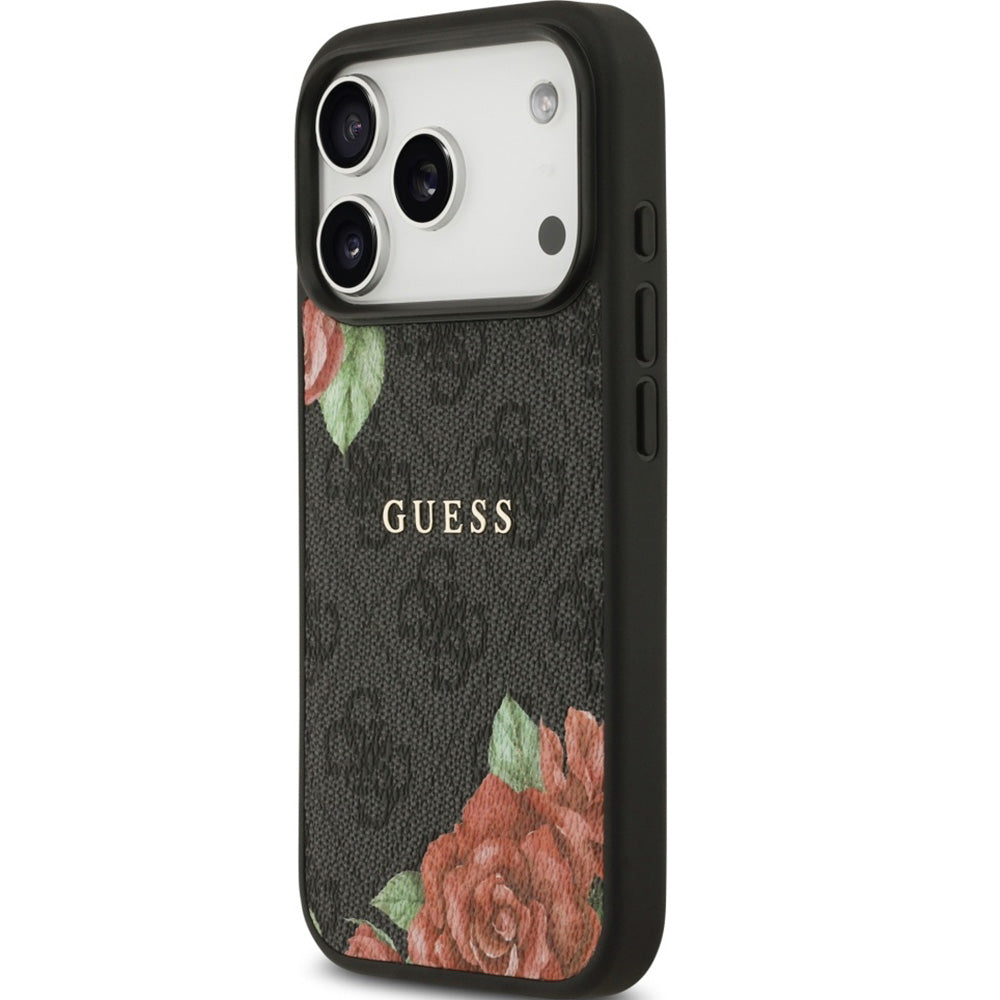 Handyhülle für iPhone 17 Pro Max, Guess Hardcase 4G Flowers Print mit MagSafe, Schwarz mit floralem Muster