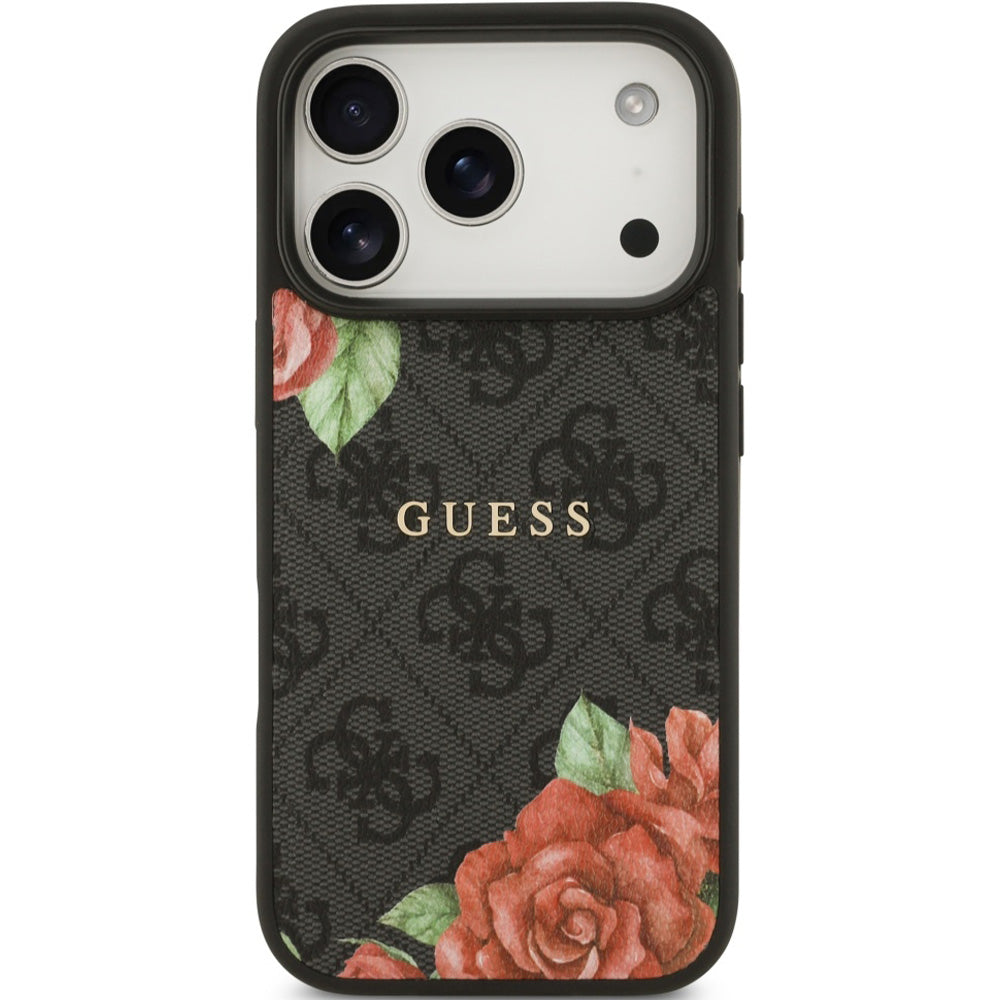 Handyhülle für iPhone 17 Pro Max, Guess Hardcase 4G Flowers Print mit MagSafe, Schwarz mit floralem Muster