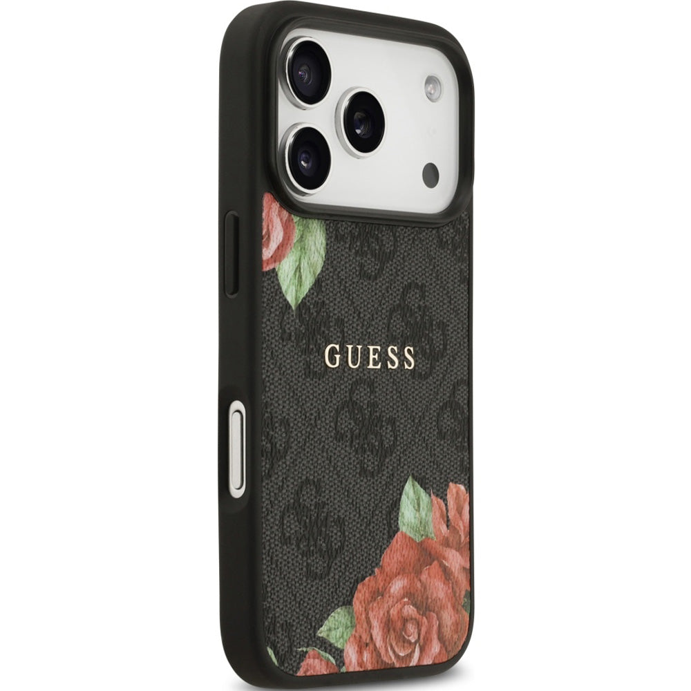 Handyhülle für iPhone 17 Pro Max, Guess Hardcase 4G Flowers Print mit MagSafe, Schwarz mit floralem Muster