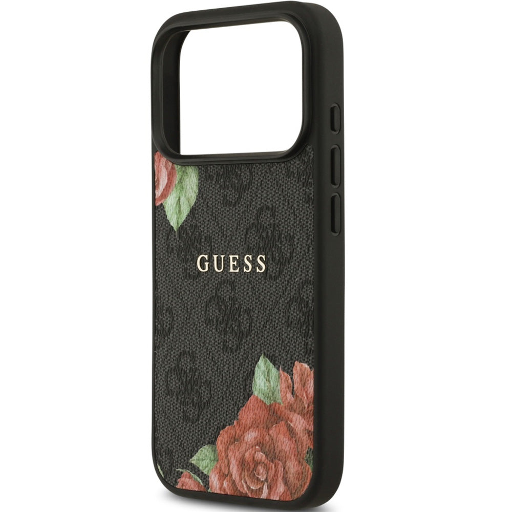 Handyhülle für iPhone 17 Pro Max, Guess Hardcase 4G Flowers Print mit MagSafe, Schwarz mit floralem Muster