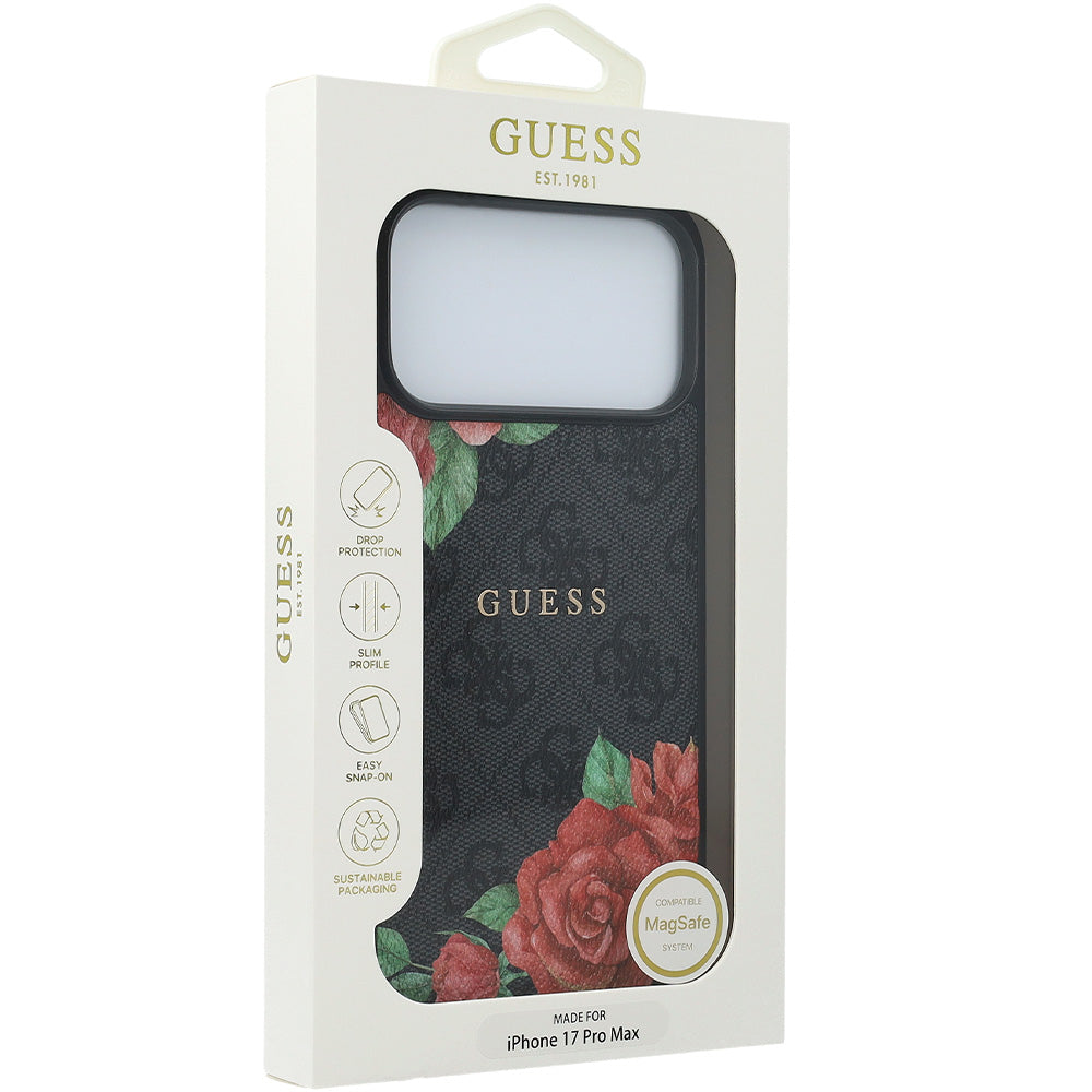 Handyhülle für iPhone 17 Pro Max, Guess Hardcase 4G Flowers Print mit MagSafe, Schwarz mit floralem Muster