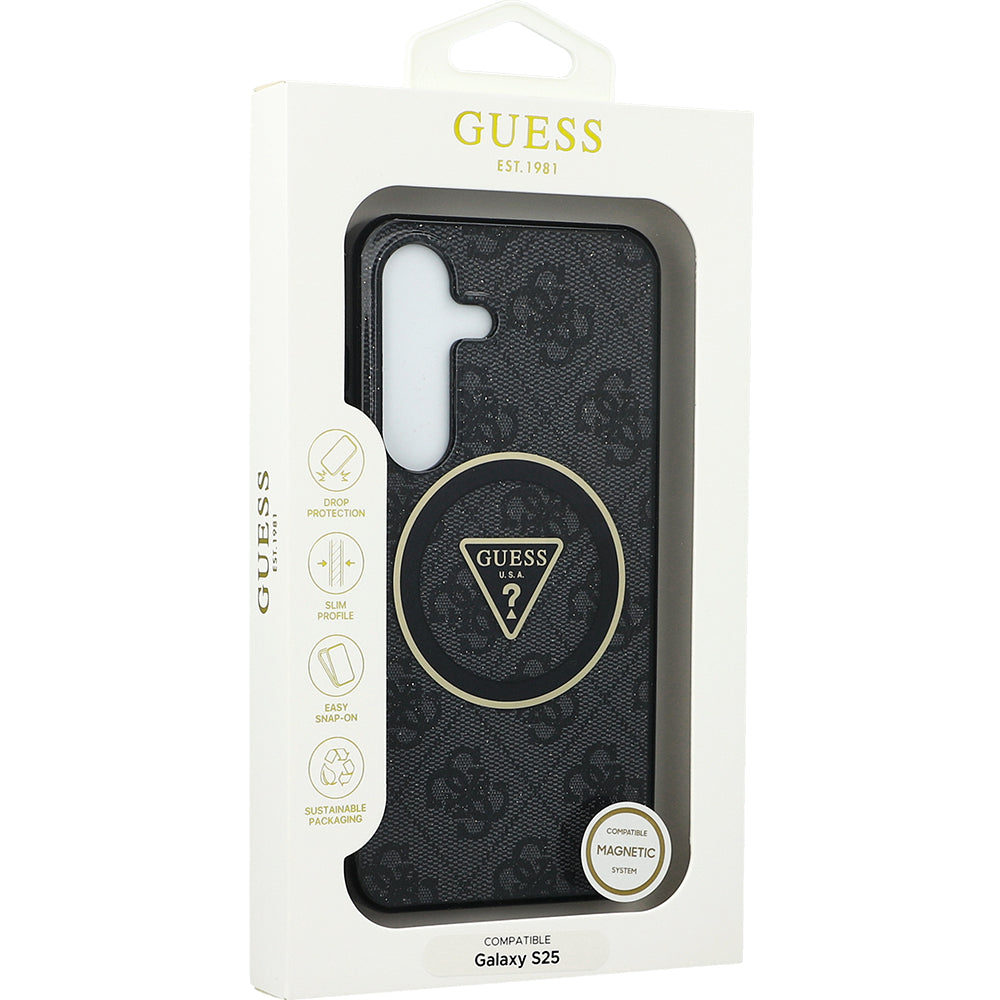 Handyhülle für Galaxy S25, Guess 4G Glitter Triangle Buttons mit MagSafe, Schwarz mit Goldenen Elementen