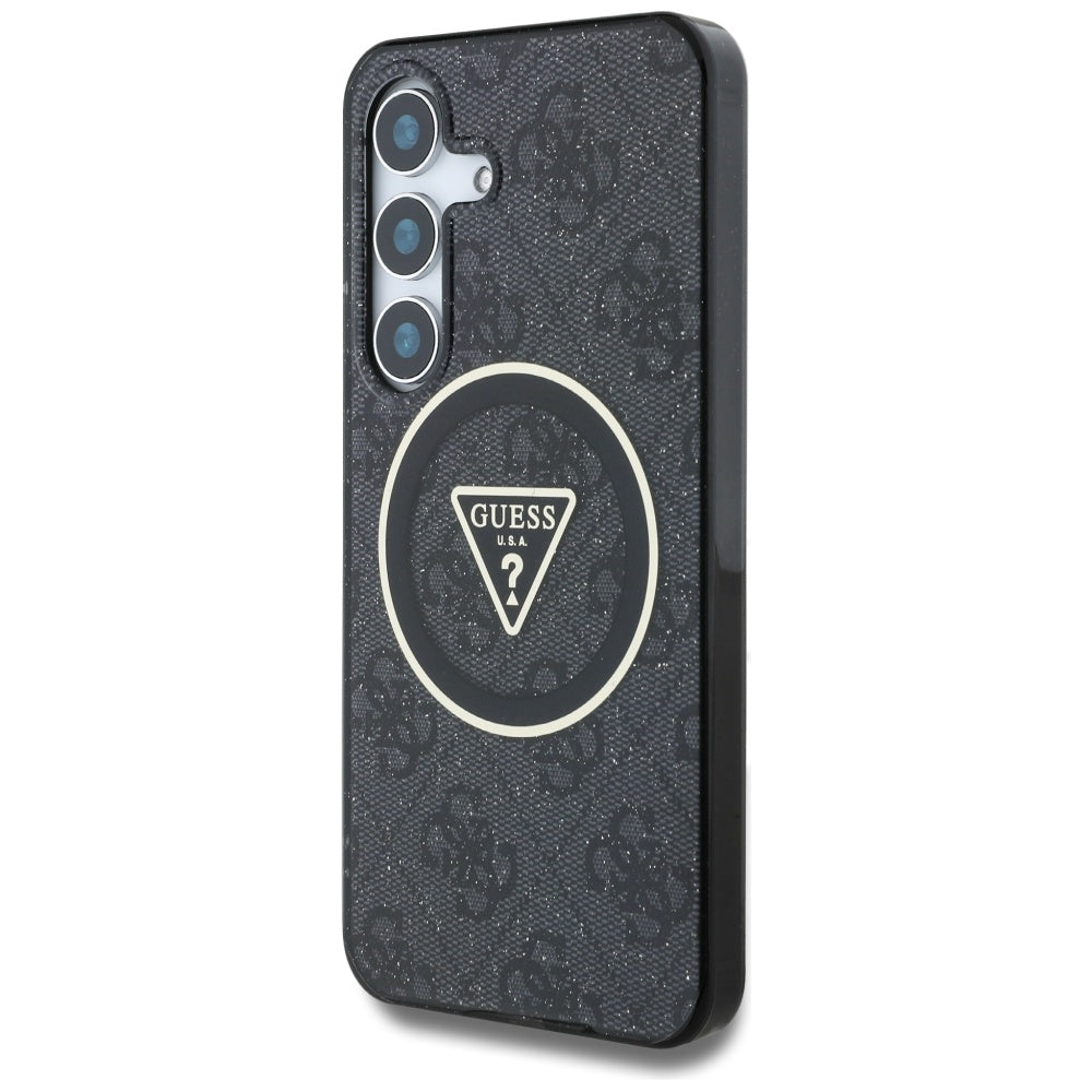 Handyhülle für Galaxy S25, Guess 4G Glitter Triangle Buttons mit MagSafe, Schwarz mit Goldenen Elementen
