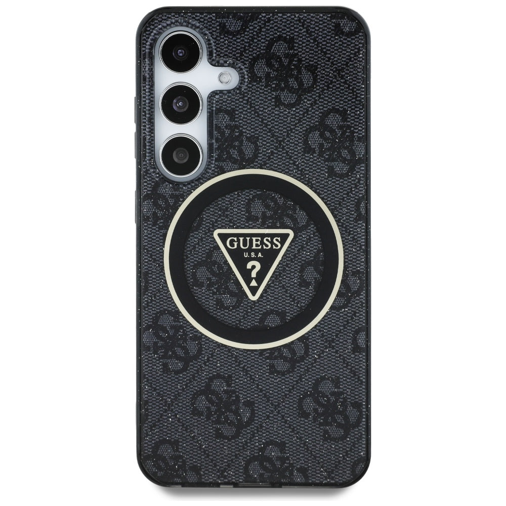 Handyhülle für Galaxy S25, Guess 4G Glitter Triangle Buttons mit MagSafe, Schwarz mit Goldenen Elementen