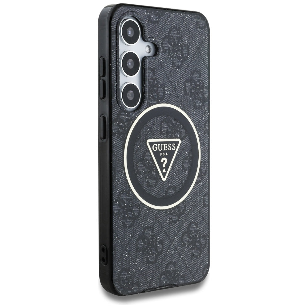 Handyhülle für Galaxy S25, Guess 4G Glitter Triangle Buttons mit MagSafe, Schwarz mit Goldenen Elementen