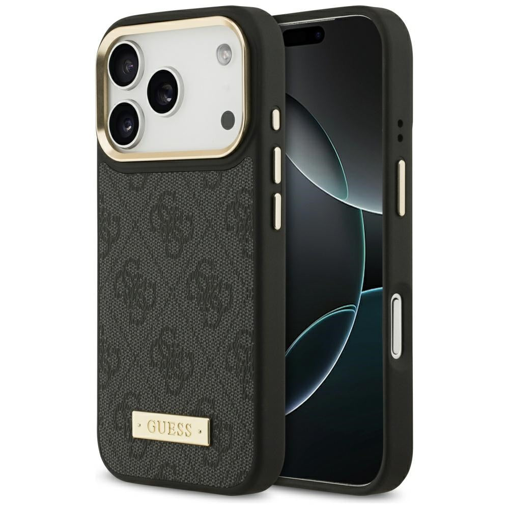 Handyhülle für iPhone 17 Pro, Guess 4G Logo Plate mit MagSafe, Schwarz