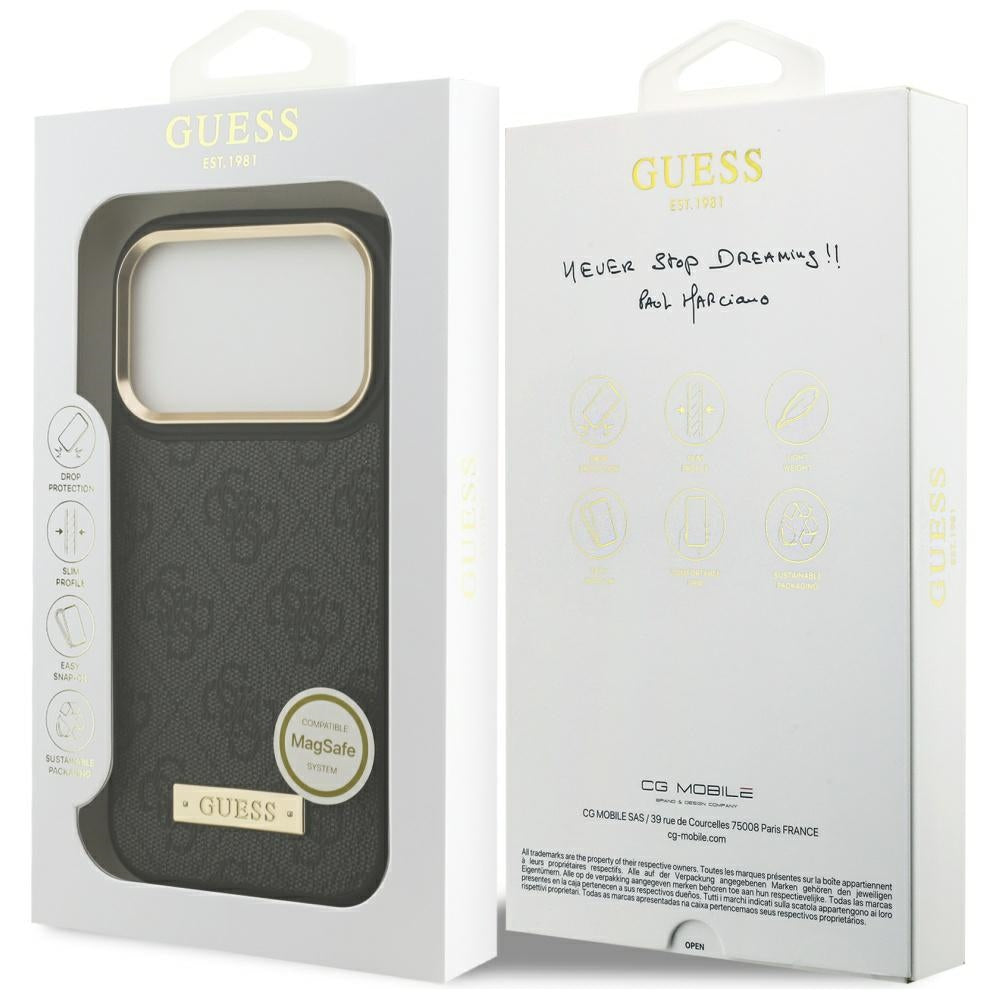 Handyhülle für iPhone 17 Pro, Guess 4G Logo Plate mit MagSafe, Schwarz