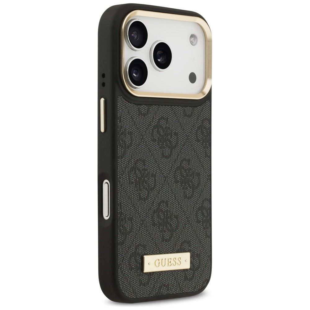 Handyhülle für iPhone 17 Pro, Guess 4G Logo Plate mit MagSafe, Schwarz