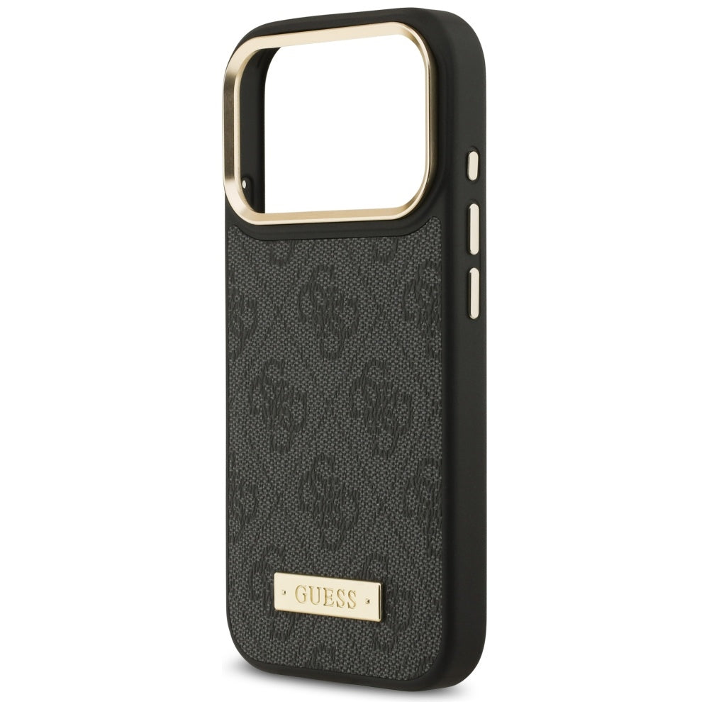 Handyhülle für iPhone 17 Pro, Guess 4G Logo Plate mit MagSafe, Schwarz