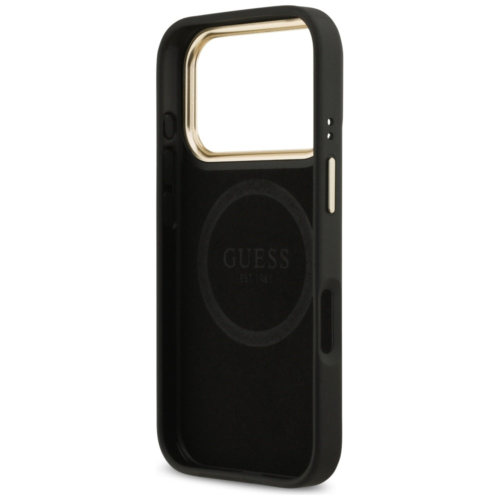 Handyhülle für iPhone 17 Pro, Guess 4G Logo Plate mit MagSafe, Schwarz