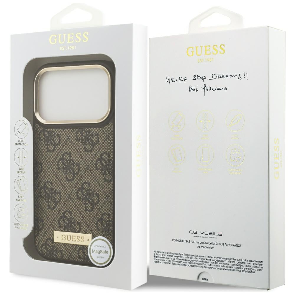 Handyhülle für iPhone 17 Pro, Guess 4G Logo Plate mit MagSafe, Braun