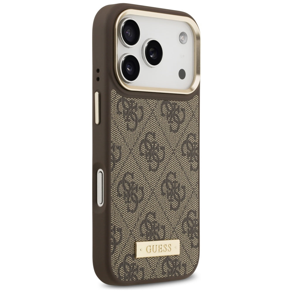 Handyhülle für iPhone 17 Pro, Guess 4G Logo Plate mit MagSafe, Braun