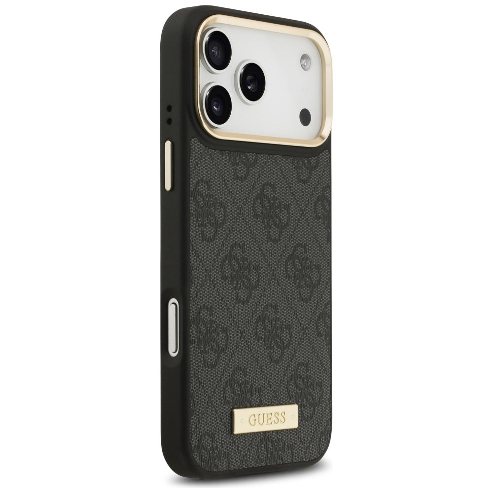 Handyhülle für iPhone 17 Pro Max, Guess 4G Logo Plate mit MagSafe, Schwarz