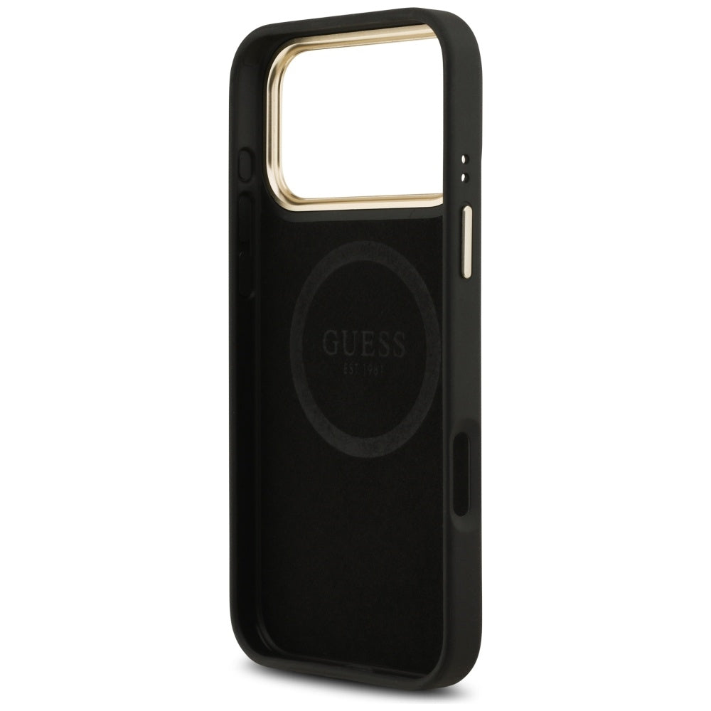 Handyhülle für iPhone 17 Pro Max, Guess 4G Logo Plate mit MagSafe, Schwarz