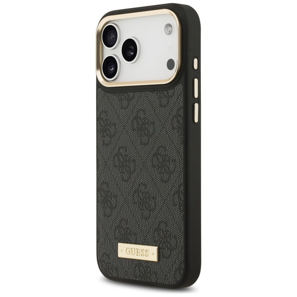 Handyhülle für iPhone 17 Pro Max, Guess 4G Logo Plate mit MagSafe, Schwarz