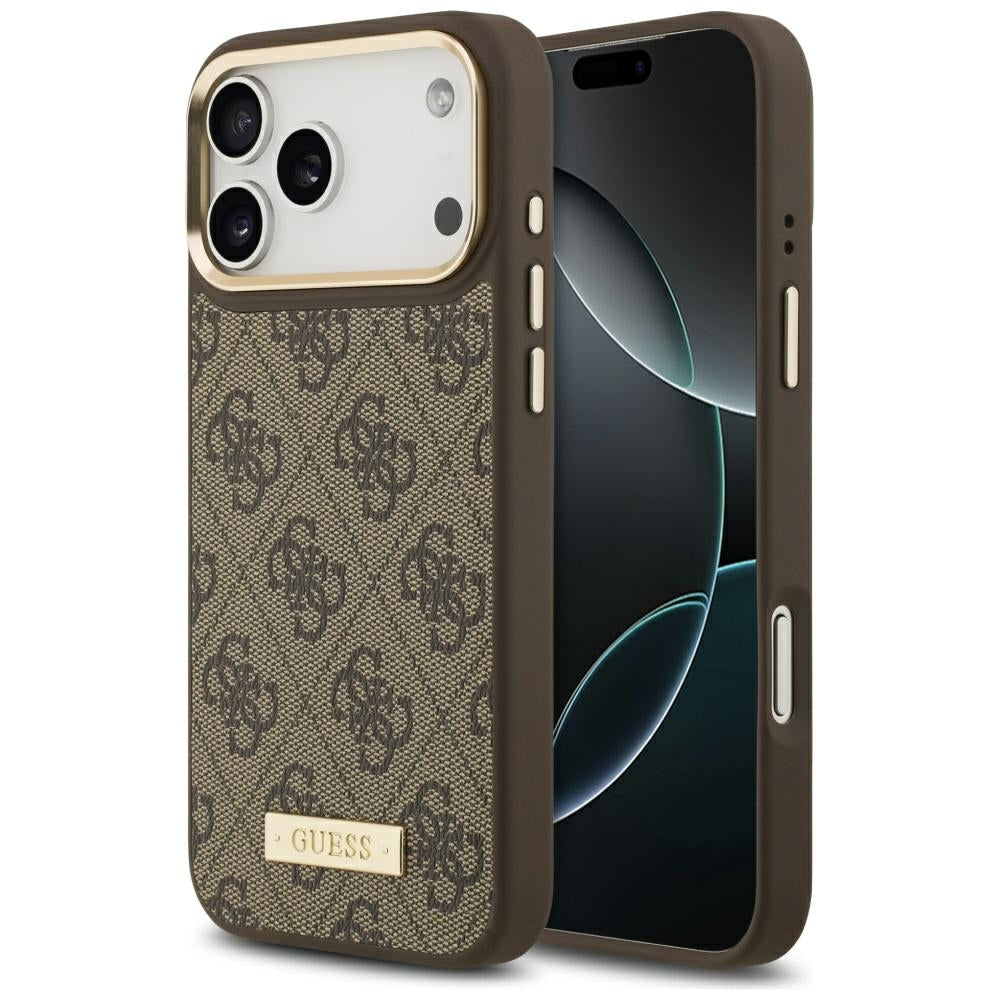 Handyhülle für iPhone 17 Pro Max, Guess 4G Logo Plate mit MagSafe, Braun