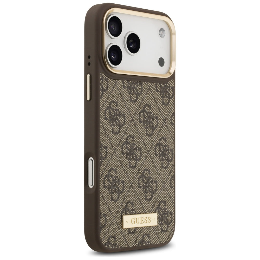 Handyhülle für iPhone 17 Pro Max, Guess 4G Logo Plate mit MagSafe, Braun