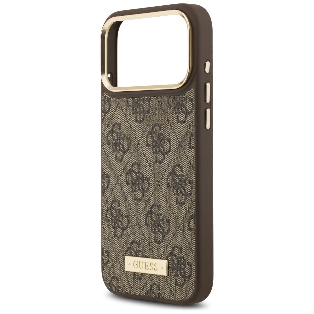 Handyhülle für iPhone 17 Pro Max, Guess 4G Logo Plate mit MagSafe, Braun
