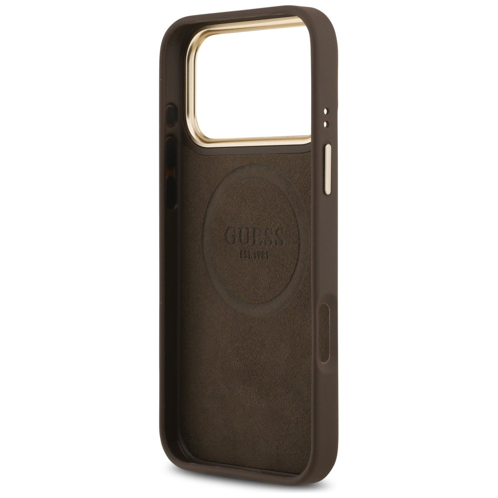 Handyhülle für iPhone 17 Pro Max, Guess 4G Logo Plate mit MagSafe, Braun