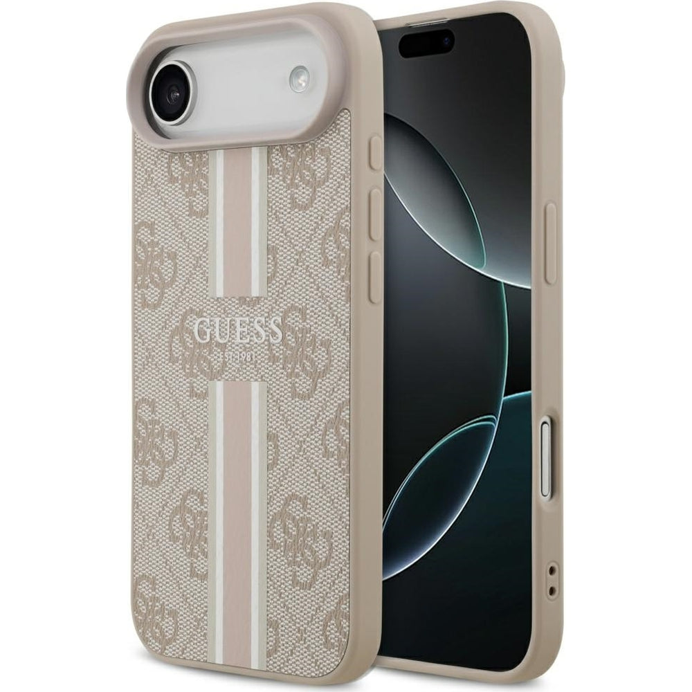 Handyhülle für iPhone Air, Guess Hardcase 4G Printed Stripes mit MagSafe, Rosa mit Goldenen Elementen