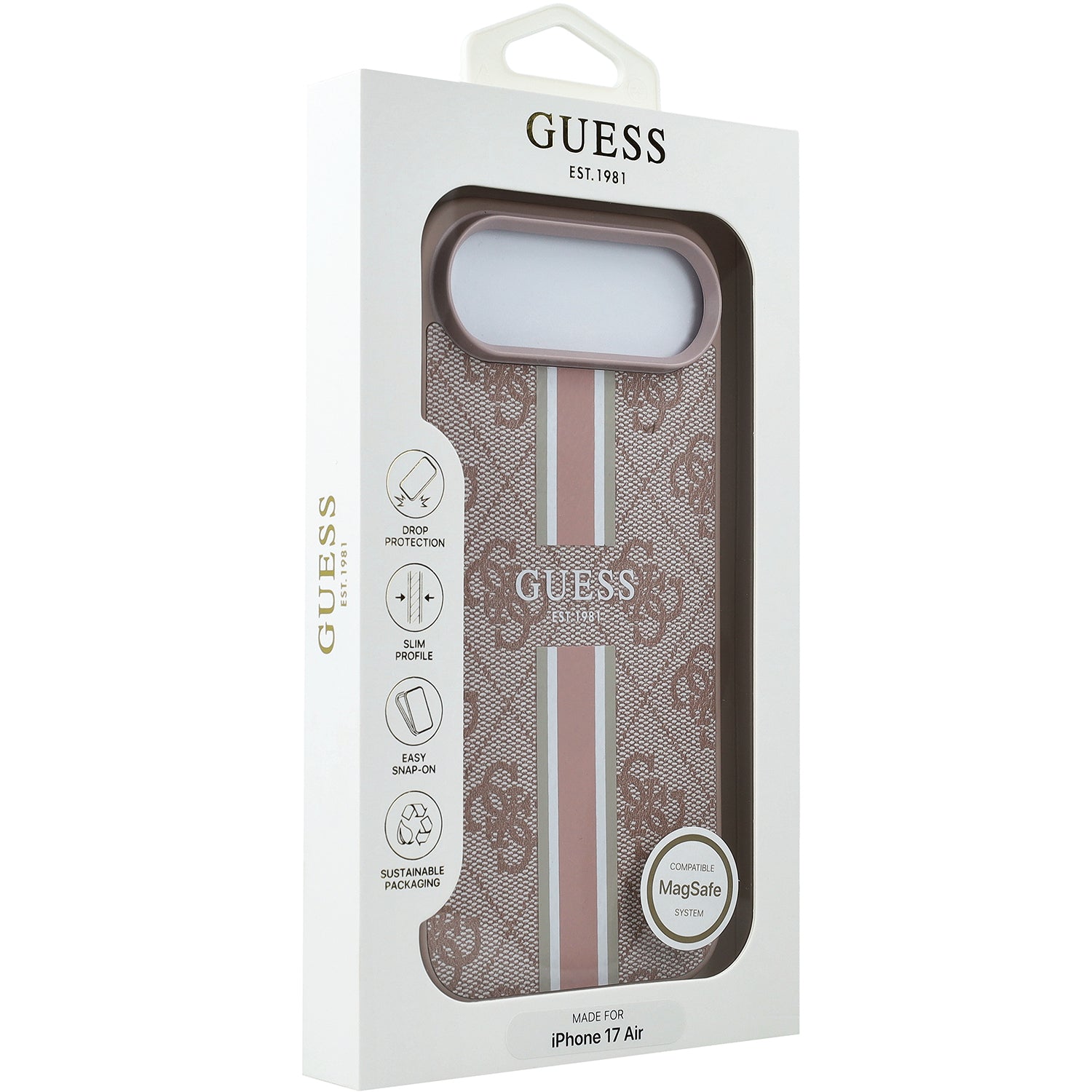 Handyhülle für iPhone Air, Guess Hardcase 4G Printed Stripes mit MagSafe, Rosa mit Goldenen Elementen