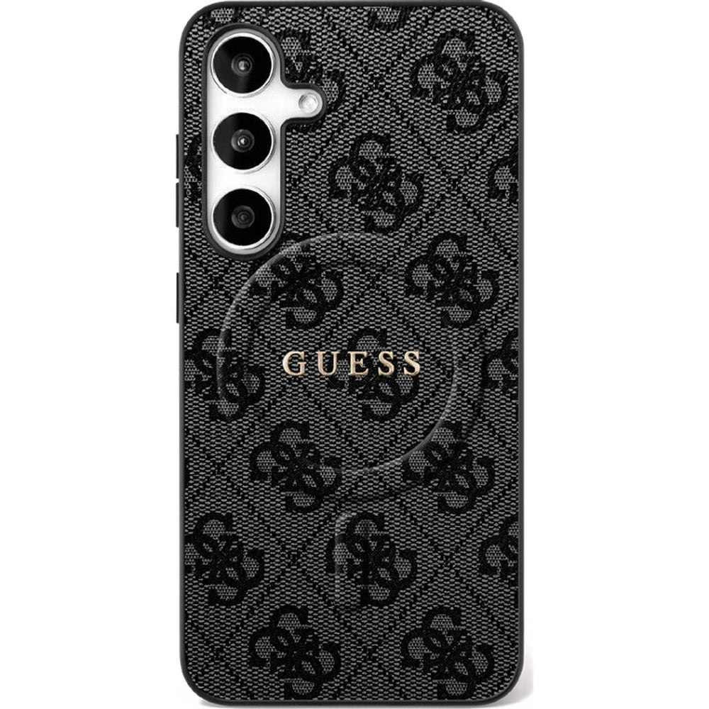 Handyhülle für Galaxy S25 FE, Guess Hardcase 4G Ring Classic Logo mit MagSafe, Schwarz mit Goldenen Elementen
